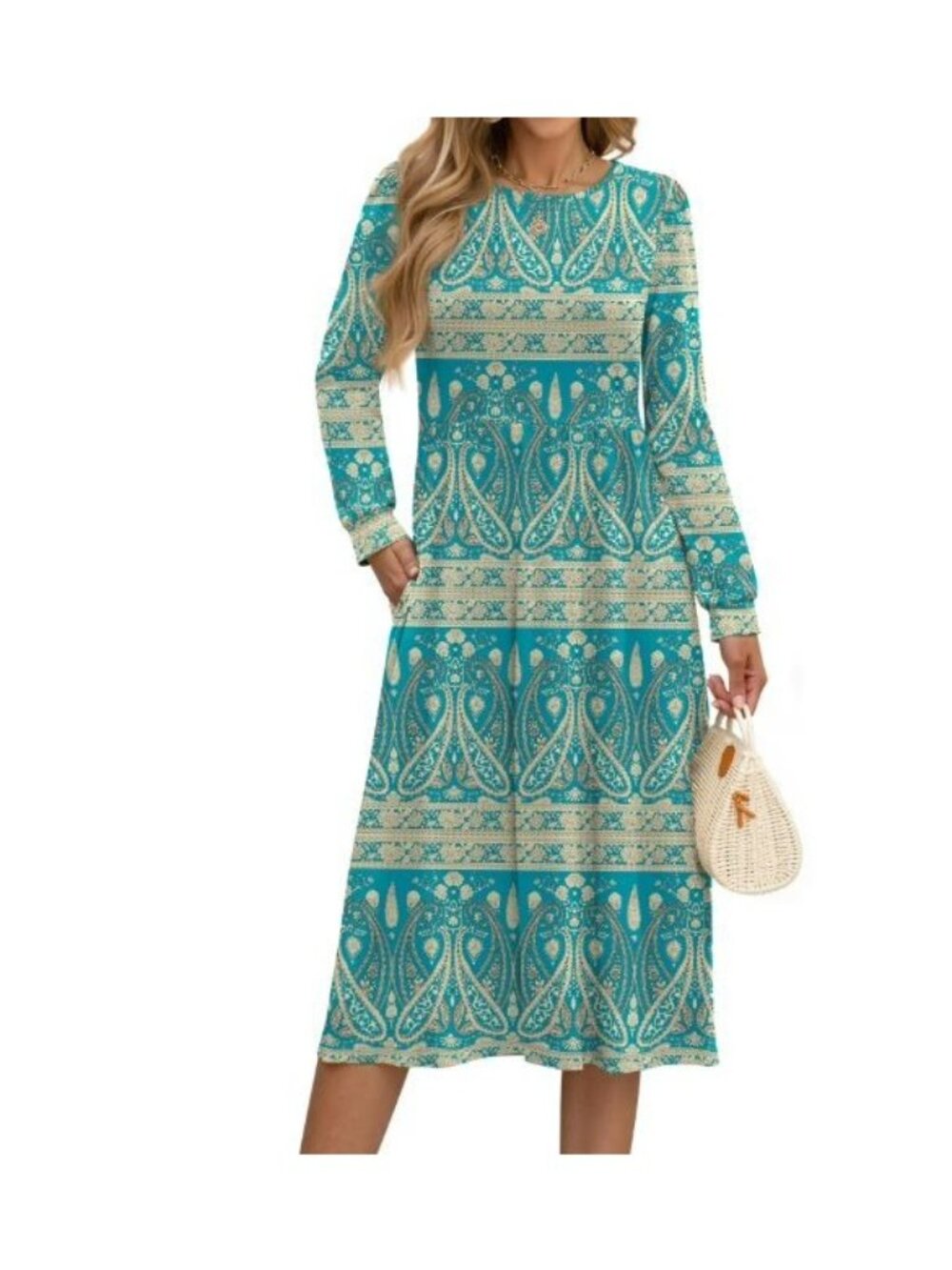 Fantaslook Long Sleeve Bohemian Dress Teal 2XL New Paisley Print Boho Casual